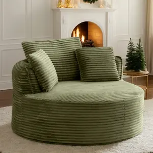 Eyisean 53.5" Oversized Round Chaise Lounge Chair Indoor, Comfy Corduroy Upholstered Boneless Couch with Pillow, No Assembly Required, Deep Seat Lounge Floor Sofa Chair for Living Room, Apartment