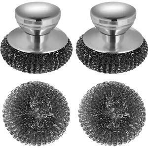 4pcs Steel Wool Scrubber with Replacement Wire Sponge Pads Set, Stainless Steel Scrubber with Handle for Scouring Stubborn Messes from Cast Iron, Pots, Pans, Grill, Stoves, Sink(2 Scrubber+2 Pads)