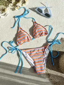 Women Striped Beach Swimsuit Set For Vacation For Summer
