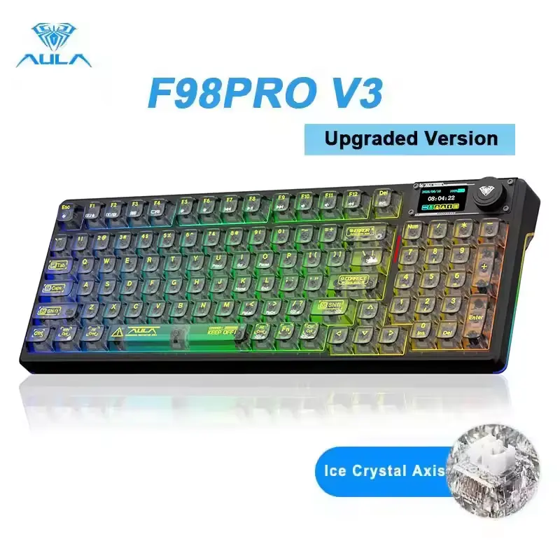 AULA F98 Pro V3 Wireless Translucent Mechanical Keyboard with OLED Screen Knob Control Hot Swappable Gasket RGB Backlit Tri-Mode Connection for Office Gaming Creamy Budget PC Accessory summerwins