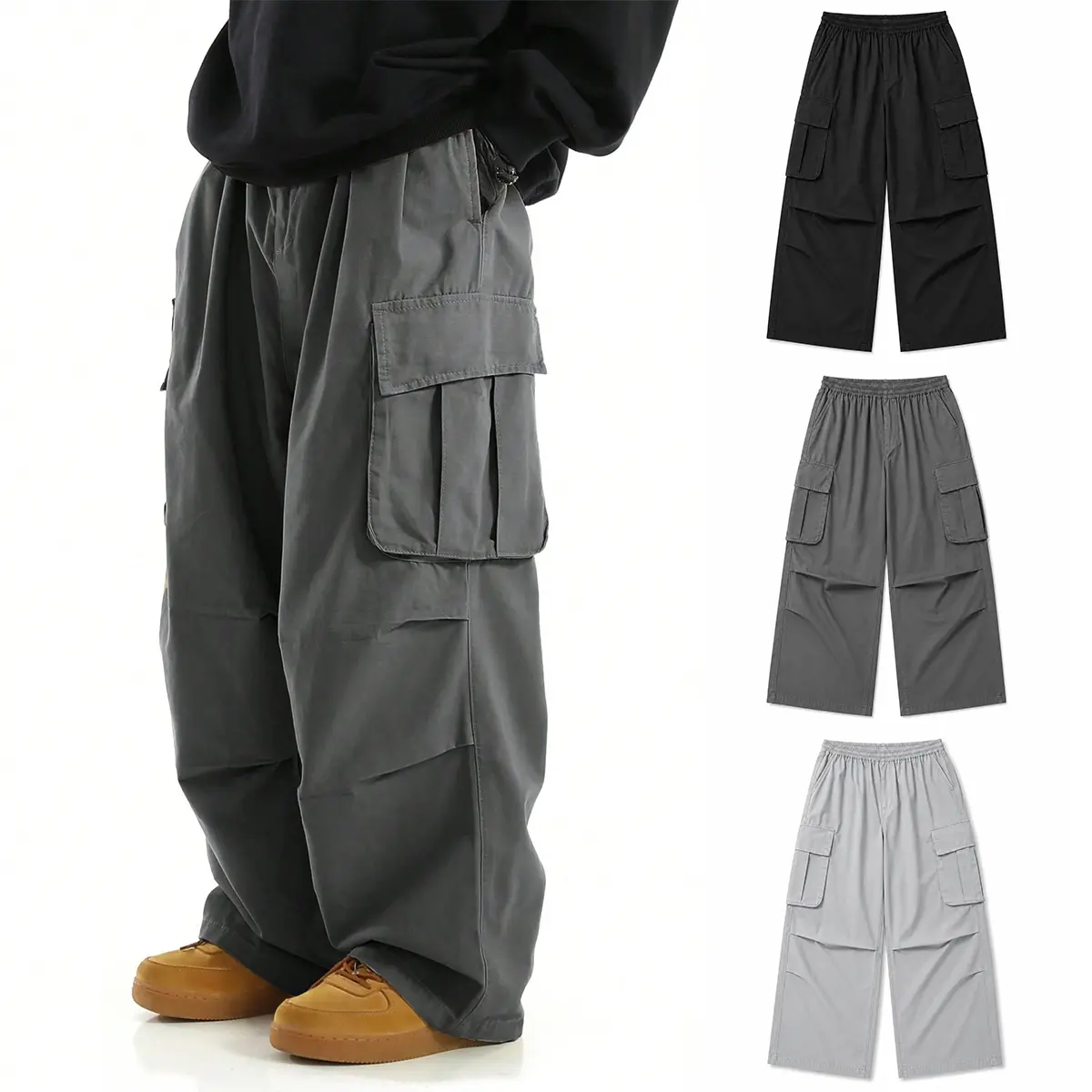 Gihuo 3-Pack Mens Baggy Cargo Pants, Wide Leg Streetwear Utility Pants with Multi Pockets, Elastic Drawstring Waist Casual Work Trousers