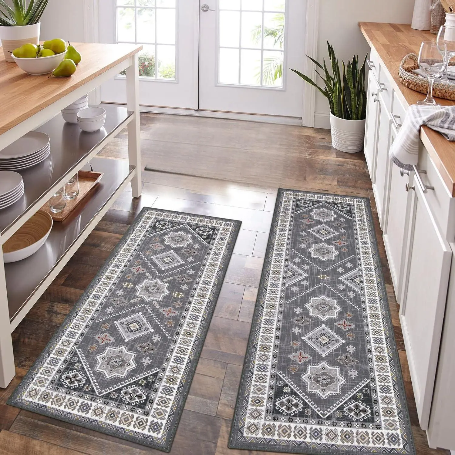 2 Piece Thick Kitchen Rug Set with Runner, Non Slip Machine Washable Absorbent Kitchen Floor Mats, Decorative Carpet Runner for Kitchen, Laundry Room & Hallway Holiday Home Decor