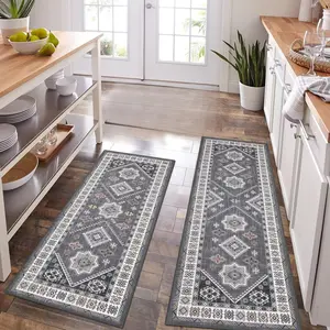 2 Piece Thick Kitchen Rug Set with Runner, Non Slip Machine Washable Absorbent Kitchen Floor Mats, Decorative Carpet Runner for Kitchen, Laundry Room & Hallway Holiday Home Decor