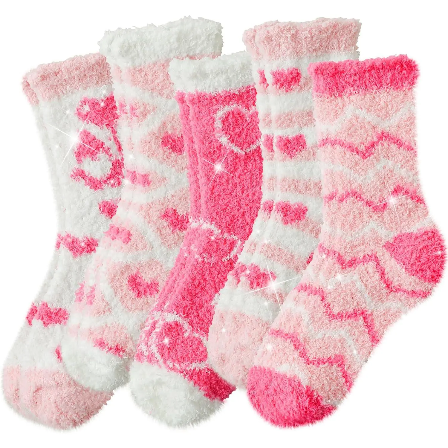 Women's Thickened Cute Fuzzy Socks - Winter Warm Plush Fabric, Heart Print, Home Supplies Essential, 6-Piece Pink-Valentines Style, Valentines Day Gifts for Mom, 68-fuzzy socks-no3