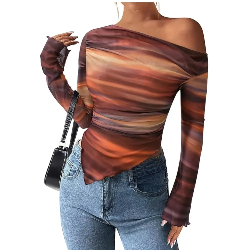 PrettyGarden Women's Off Shoulder Asymmetrical Ruched Long Sleeve Shirts For Fall Trendy  Y2k Tops Tie Dye Mesh Floral Blouse
