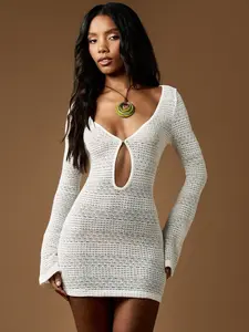 MISSGUIDED Crochet Knit Mini Dress With Bell Sleeves And Plunge Neck