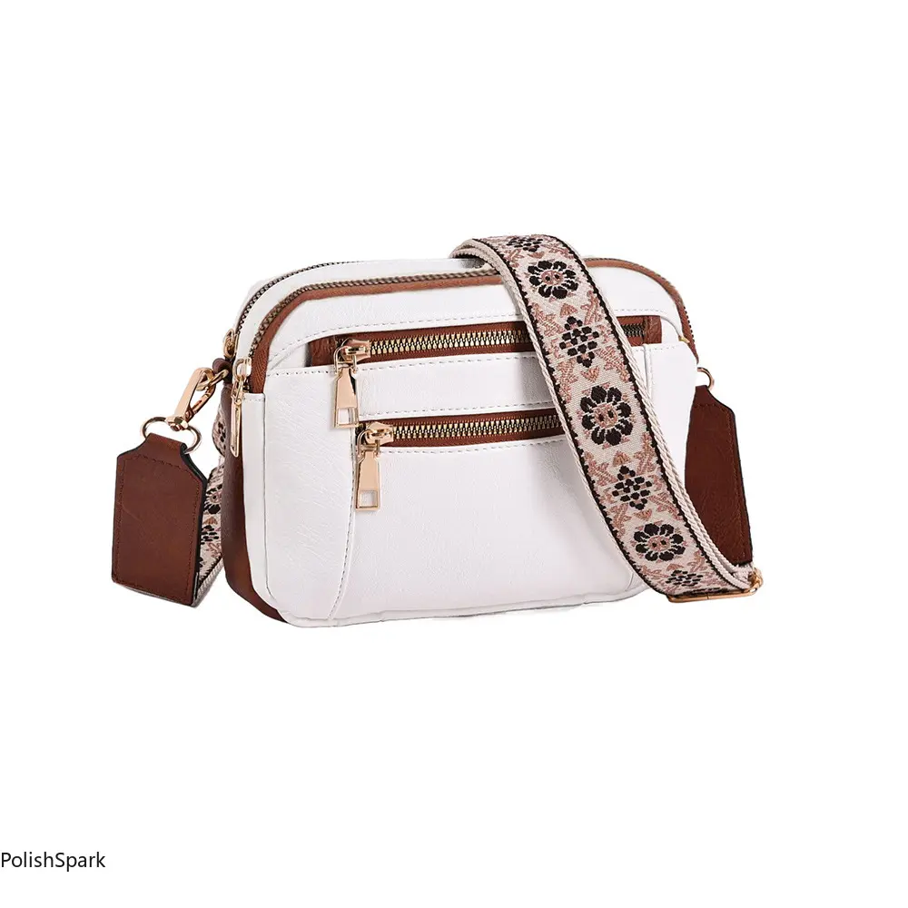 Women's PU Leather Crossbody Camera Handbag - Casual Trendy Bag with Wide Patterned Strap, Multi-Zip Multi-Compartment Pockets, Lightweight Nylon-Polyester Gym Accessory for Sports & Outdoor Use