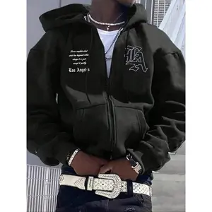 Los Angeles patterned zip-up hoodie for men, fashionable streetwear, casual fit, autumn/winter fashion, medium fabric thickness