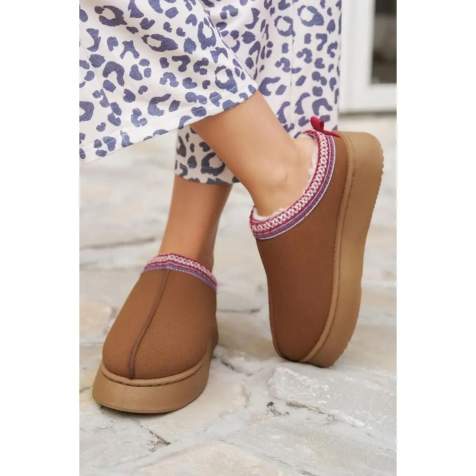 Chestnut Faux Suede Embroidered Detail Plush Lined Platform Slippers