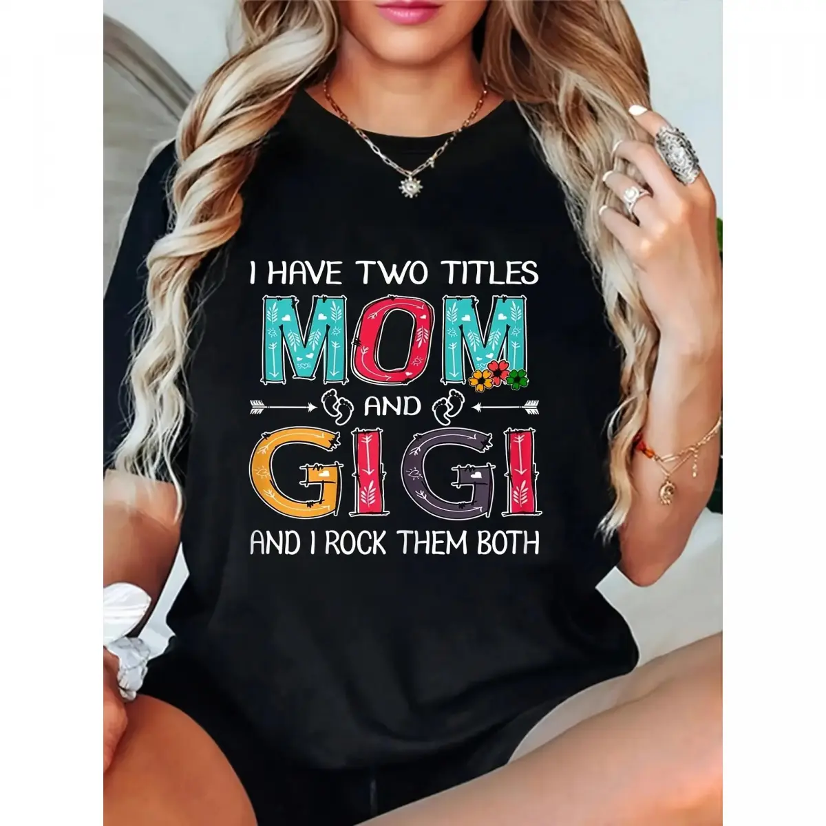 Women's Funny "I Have Two Titles: Mom & Gigi" Graphic T-Shirt - Soft Breathable 100% Cotton Oversized Tee with Floral Accents, Mother's Day Gift, Casual Short Sleeve Round Neck Top for Spring Summer Fall, Ladies T Shirts