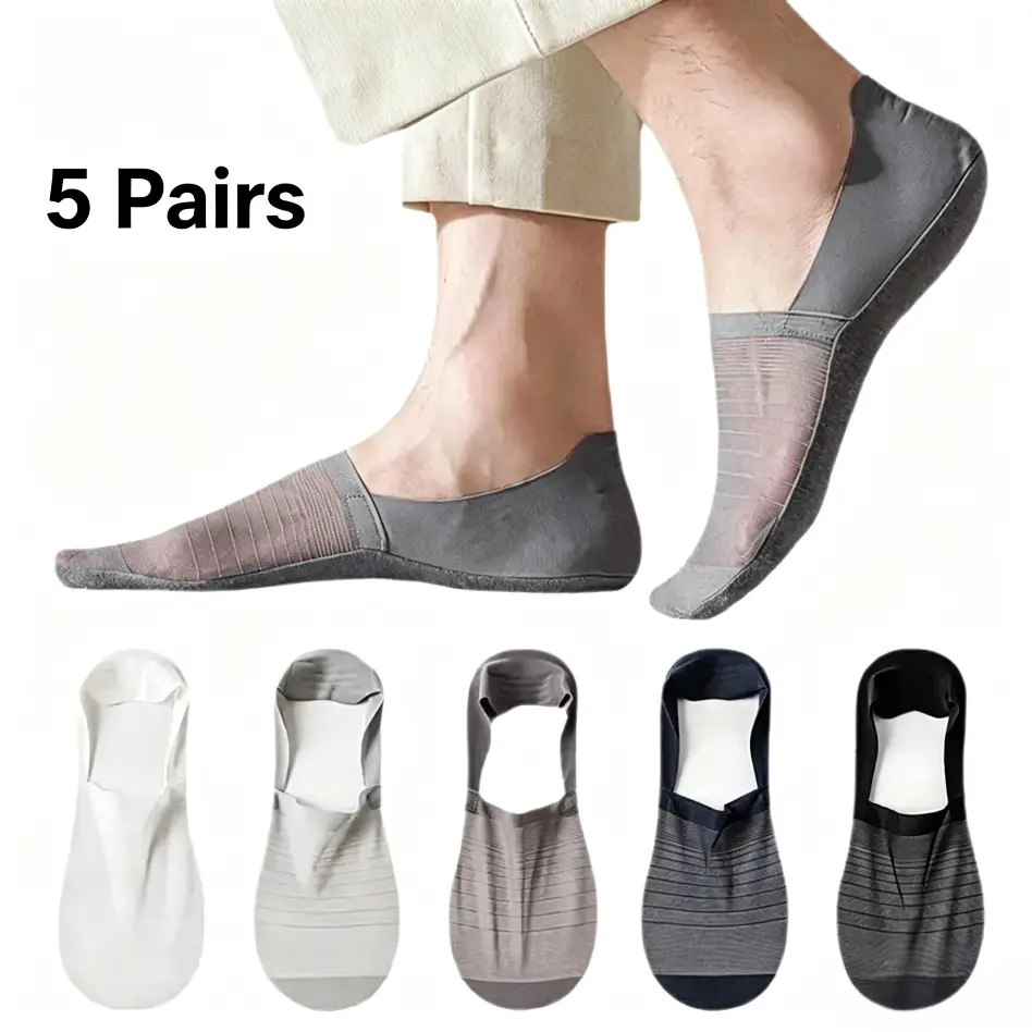 Heel Secure Men's No-Show Socks 5-Pack Ice Silk Breathable Anti-Slip Invisible Low-Cut Socks with Cotton Sole Seamless Mesh for Summer Casual Wear Blue Black Cozy Clothes Stylish Menswear Tropical