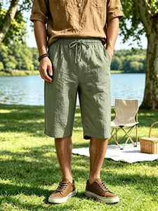 Men's Plain Linen Shorts, Casual Summer Bottoms, Breathable Lightweight Casual Style, Five-Finger Length, Trendy Summer Beach Pants for Outdoor Activities