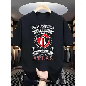 Men's Black Cotton Short Sleeve T-Shirt - Retro Football Club Theme, ATLAS Pattern, Inspirational Quotes from Spain and Football Design, Regular Fit Casual Fan Apparel