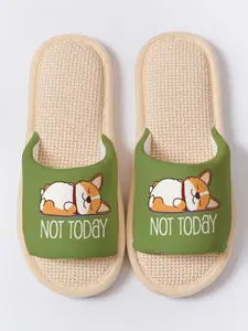Cartoon Corgi Print Open Toe Slippers, Soft Sole Home Floor Shoes, Anti-Slip Breathable Non-Stinky Feet, All Seasons Casual Textile