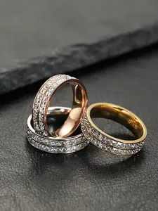 Couple's Stainless Steel Zircon Ring Set, Double Row Starry Square Design, Durable Titanium Steel Jewelry for Men and Women, Stacking Ring Set