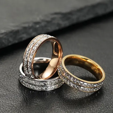 Couple's Stainless Steel Zircon Ring Set, Double Row Starry Square Design, Durable Titanium Steel Jewelry for Men and Women, Stacking Ring Set
