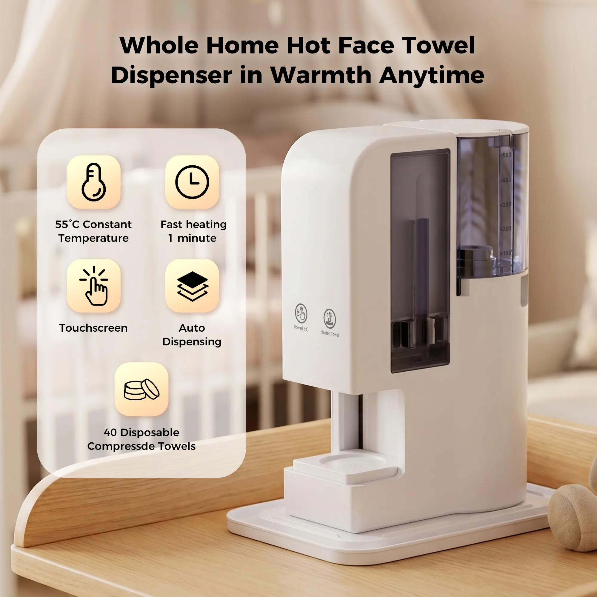 Classic Hot Towel Warmer Dispenser Bathroom Gadget - 5s Warm-Up, 55°C Constant Temperature, Simple Heat, Easy Use, Includes 40 Towels for Home Spa Skincare Routine Prep, Ready For Immediate Use