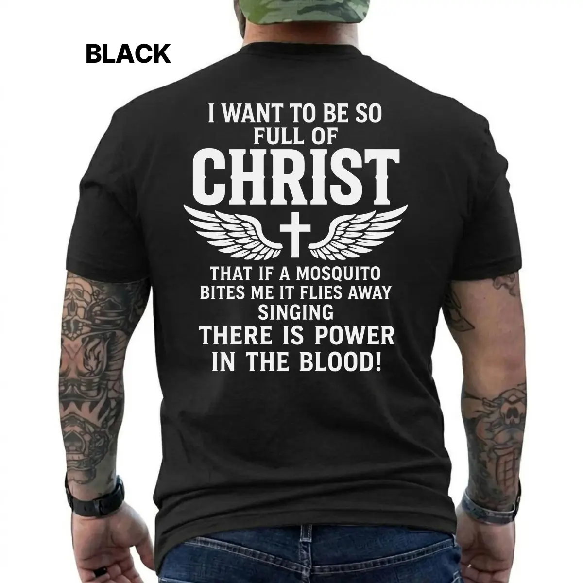 So Full Of Christ Mosquito T-Shirt, Funny Christian Graphic Tee, Power In The Blood Faith Quote Shirt, Religious Apparel Men Women, Viral TikTok Tee, Fast Shipping, Short Sleeve Printed Graphic Shirt, Daily Casual Cotton Menswear