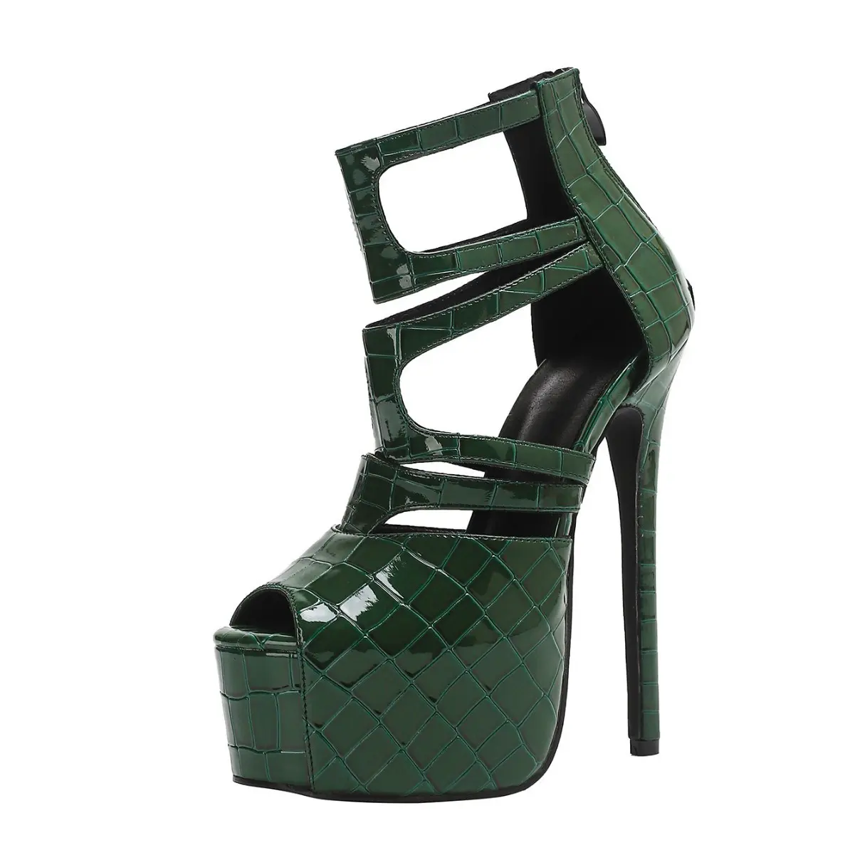 Womens Sexy 6.3 Inch Extreme High Heel Platform Stilettos Peep Toe Caged Booties Croc Embossed Patent Leather Strappy Cut Out Pumps Clubwear Pole Dance Party Evening Shoes Back Zip