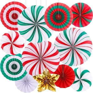 FOIMAS Christmas Hanging Paper Fan Decoration, 12Pcs Peppermint Candy Hanging Fans for Ceiling Wall Classroom Mantle Xmas Candyland Holiday Party Supplies, Red and Green