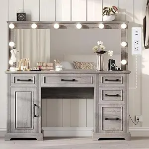 VanAcc 55”Farmhouse Vanity Desk with Large Mirror & Lights, Glass Top Large Makeup Vanity Table with 10 Hollywood Lights Bulbs, Charging Station, 5 Drawers, Dressing Table for Bedroom