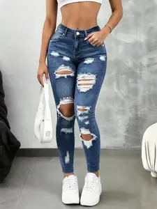 Women's Ripped Jeans, High-Waisted Skinny Fit, Solid Color, Five Pockets, Comfortable Denim Fabric, Casual Wear for Spring Summer Fall