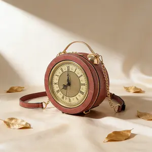 Women's Vintage Roman Numeral Clock Face Crossbody Bag Playfully Zipped Closure Bell-Shaped Design Large Dial Black Hand Casual Flip Phone Pocket