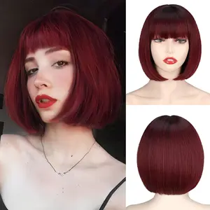 Missqueen Short Wine Red Bob Wig with Bangs, Straight Burgundy Wig Bob for Women, Short Straight Wig Natural Looking for Daily and Party
