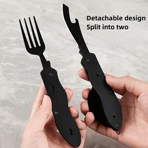 4In1 Stainless Steel Camping Utensils - Fork, Spoon, Knife And Bottle Opener - Portable Folding Pocket Set, Suitable for Hiking, Survival And Travel