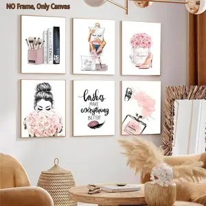 6-count frameless canvas, pink light luxury beauty fashion decoration poster, fashionable women's bouquet decoration, fashionable living room wall art, modern family poster, suitable for corridor walls, bedroom rooms, office art, exquisite gifts