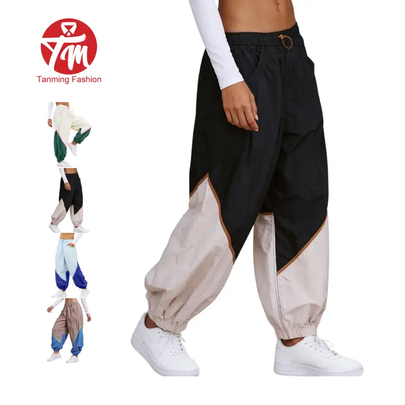 Tanming Womens Quick-Dry Colorblock Track Pants - High-Waisted Contrast Panel Track Trousers with Cuffed Hems Casual Bottoms - Spring Summer Fall Gym Workout Streetwear Travel