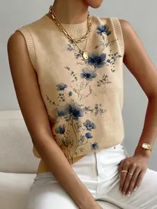 Women's Ink Art Butterfly Floral Print Stand Collar Sweater Vest, Casual Sleeveless Knit Top, Comfortable Breathable Spring Fall Fashion