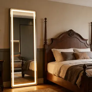 Rectangle LED Full Length Mirror, Vintage Framed Lighted Wall Mirror, Touch Control Warm White Light, Shatterproof HD Mirror, Classic Decor for Bedroom, Entryway