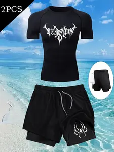 Men's Summer Sports Set, Tight Fit Short Sleeve + Multi-Pocket Knee-Length Shorts, Spider Print, Breathable Quick-Dry Gym Wear