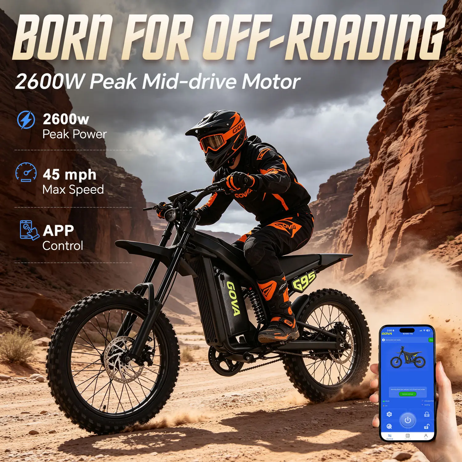 Off-Road Electric Bicycle - 2600W Peak Power, 60V 18Ah, 45MPH Max Speed, 40-Mi Battery Range, APP Bluetooth Control, 17-Inch Off-Road Tires, Turn Signals, Fully Suspended Shock Absorbers