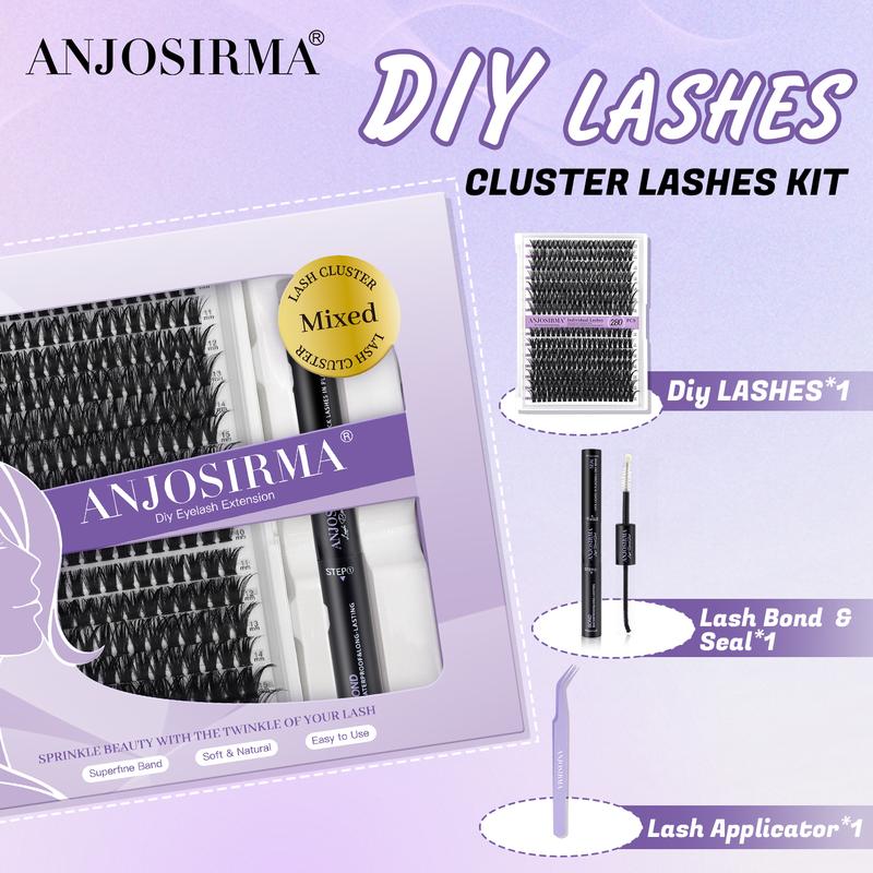 ANJOSIRMA Lash Extension Kit DIY 280pcs Lash Clusters Eyelash Extension Kit, 9-16mm 30D 40D Individual Lashes Kit with Lash Bond and Seal, Lash Tweezers