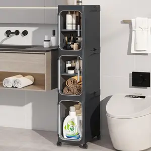 Black White Slim Storage Cabinet Transparent Visible Door Magnetic Design Foldable No Installation Swivel Wheels Small Space Saver Organizer