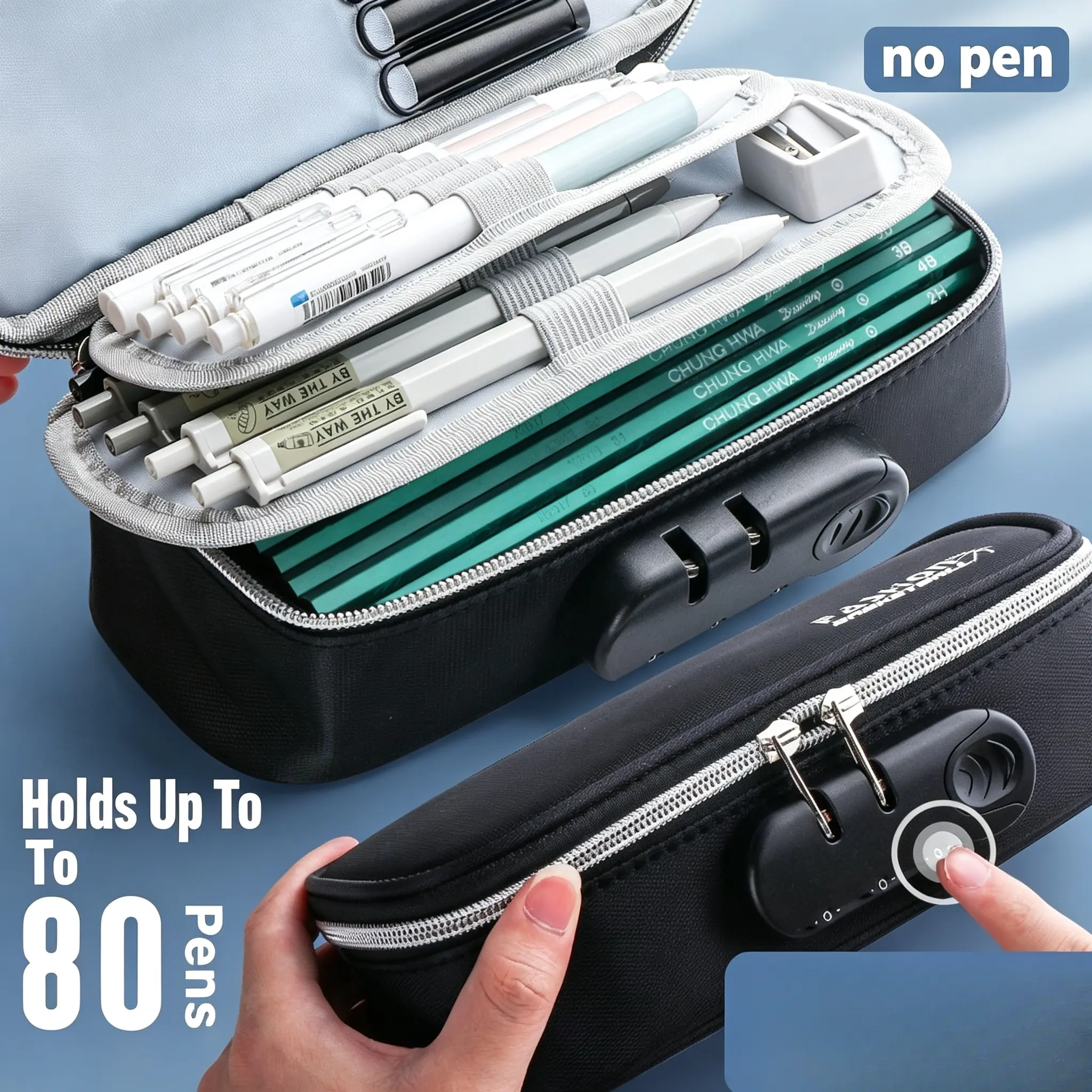 Large Capacity Combination Lock Pencil Case Water Resistant Oxford Pen Bag Holds Up To 80 Pens Secure Stationery Organizer With Handle For Teens Boys Girls School Classroom Supplies Back To School Gift   TK   ？   ？