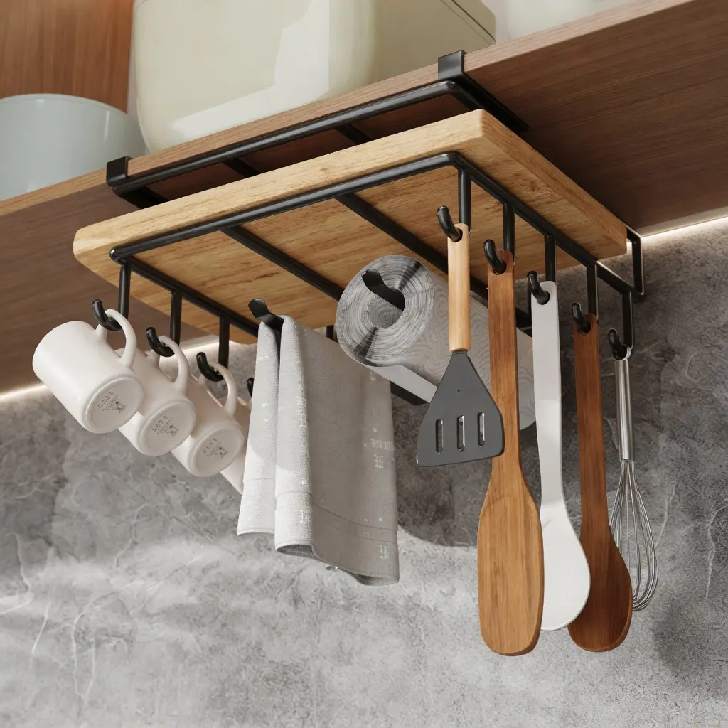 VIREFIRA Hangable Black Metal Under Cabinet Storage Rack - Durable Kitchen Organizer with Hooks, Space-Saving Mug Holder, and Utensil Hanger