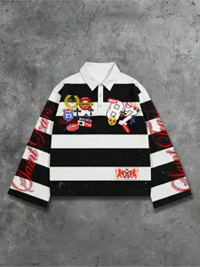 Men's Street Life Men's Street Graphic Print Stripe Polo Neck Long Sleeve Striped T-Shirt, Autumn Winter