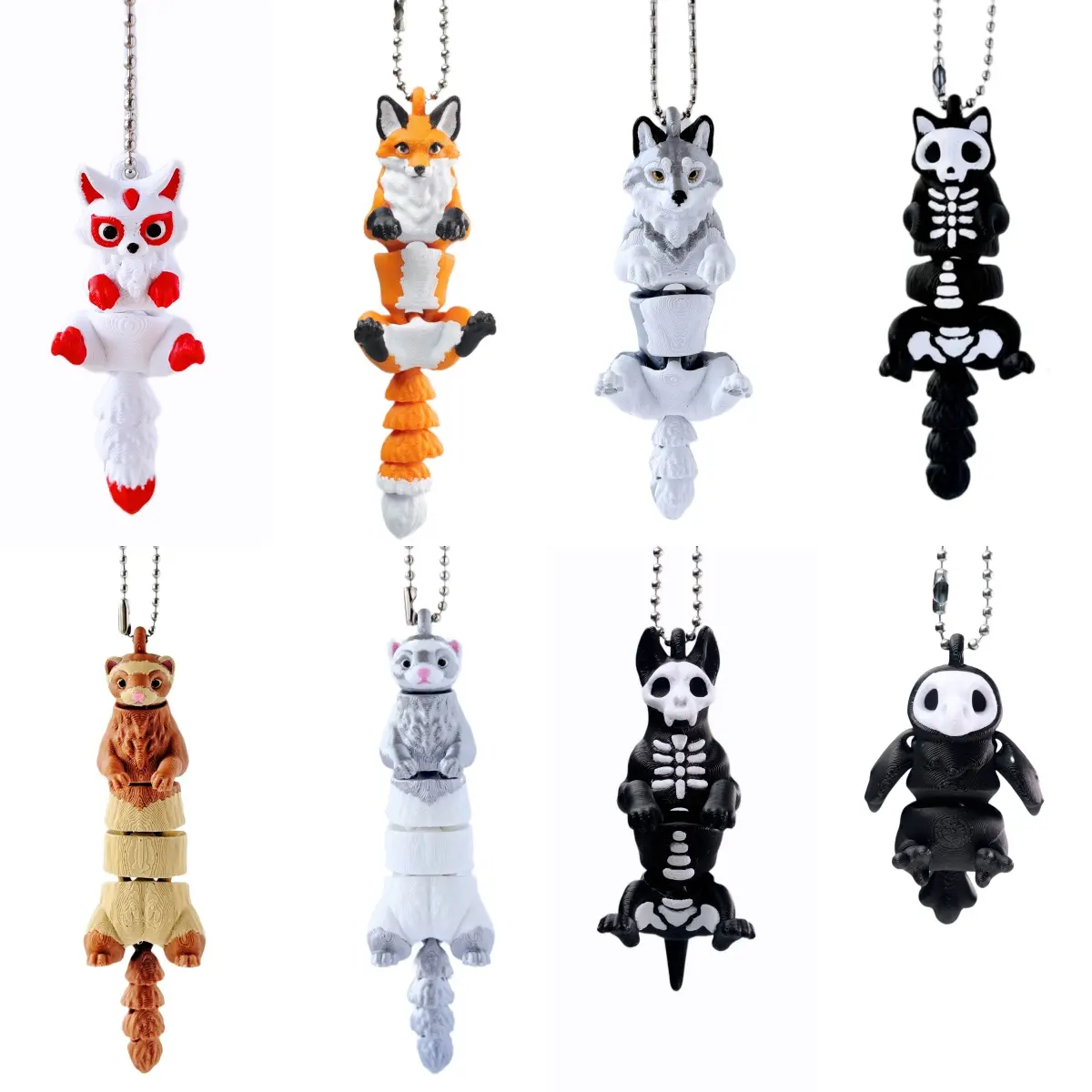 8-Piece 3D-Printed Articulated Keychain Set with Unique Designs Like White Bone Fox Orange Fox Bat and More Perfect for Wedding Favors Birthday Gifts and Party Favors