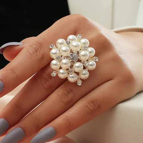 Faux Pearl & Rhinestone Decorated Ring, Elegant Adjustable Fashion Rings for Women & Girls, Pearl Embellished Fashion Jewelry for Party, Daily Decor, Trendy Jewelry for Birthday Gift, Statement Rings, Exquisite Trendy Ring, Beautiful Rings