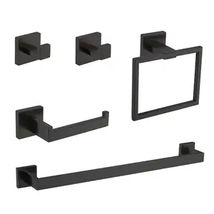 5-Piece SUS304 Bathroom Set: Towel Bar + Ring + Hooks + TP Holder, Brushed Finish On-Site