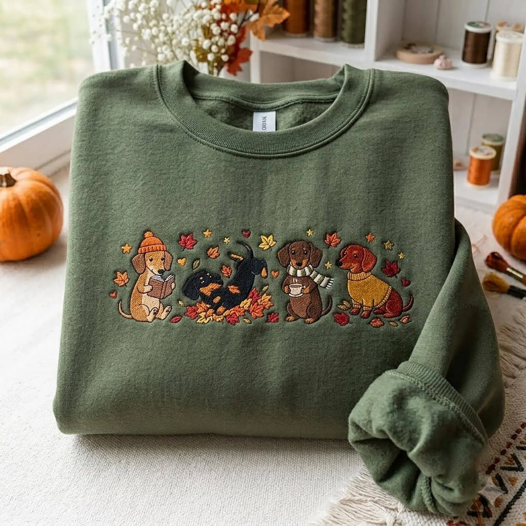 [Made in US] Dachshund Fall Embroidered Sweatshirt T-shirt Hoodie, Cozy Season Pumpkin T-shirt, Wiener Dog Thanksgiving Tee, Silly Fall Dach, Autumn Dog Lover Gift