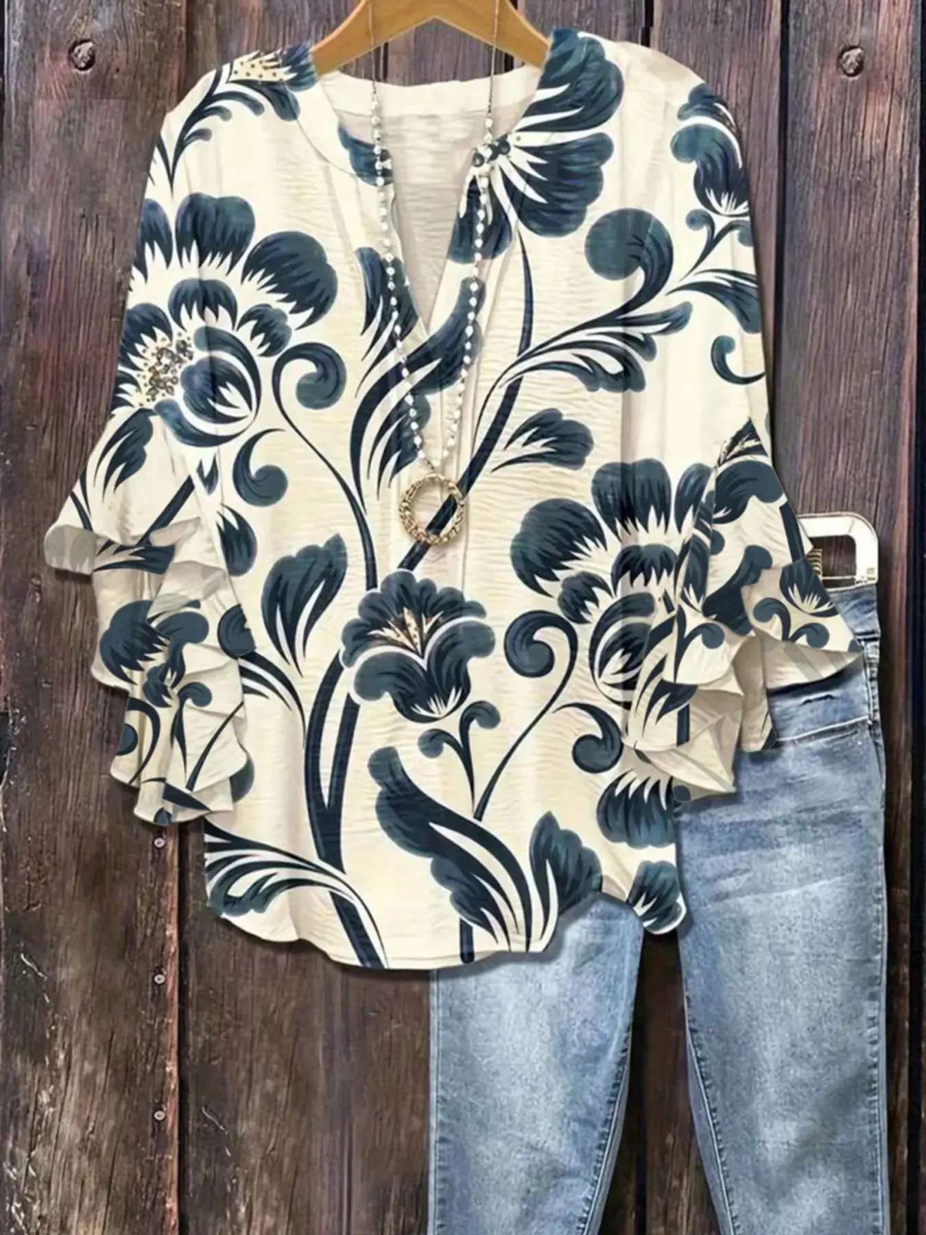 Plus Size Floral Print Flounce Sleeve Ruffles Blouse, Casual Loose-Fit Notched-Neck Top, Summer Wear, Trendy Bohemian Shirts, Comfortable Relaxed-Fit Blouse, Stylish Elegant Top for Parties
