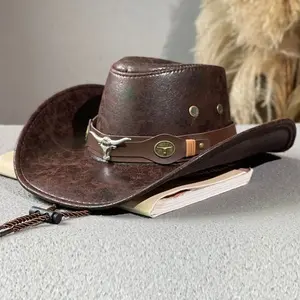 Vintage Cowboy Hat for Men Women Distressed Brown Cowboy Cap with Longhorn Bull Head Accents Authentic Western Style Hat for Outdoor Ranch Rodeo Outfit