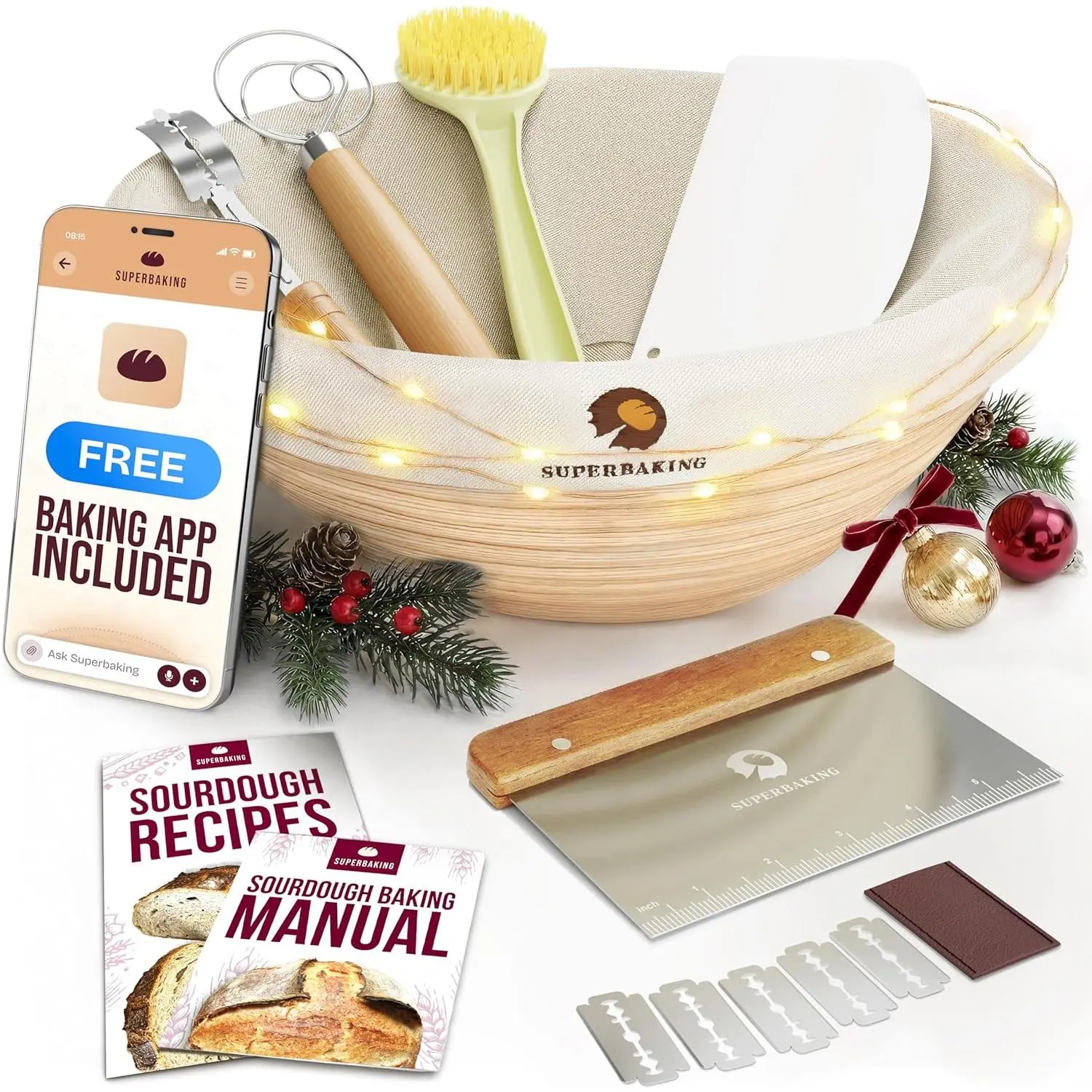 Superbaking 9-Inch Round Banneton Bread Proofing Basket Gift Set - Sourdough Starter Kit with Whisk, Bakeware, Baking Utensils Supplies