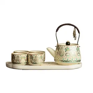 Chinese Style Silver Inlaid Bronze Beam Teapot Set Porcelain 1 Pot 4 Cups Kung Fu Tea Set for Home Office Gift