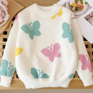 Soft Fuzzy Toddler Sweater - Colorful Butterfly Print Crew Neck Warm Cozy Knit Pullover Top for Little Girls