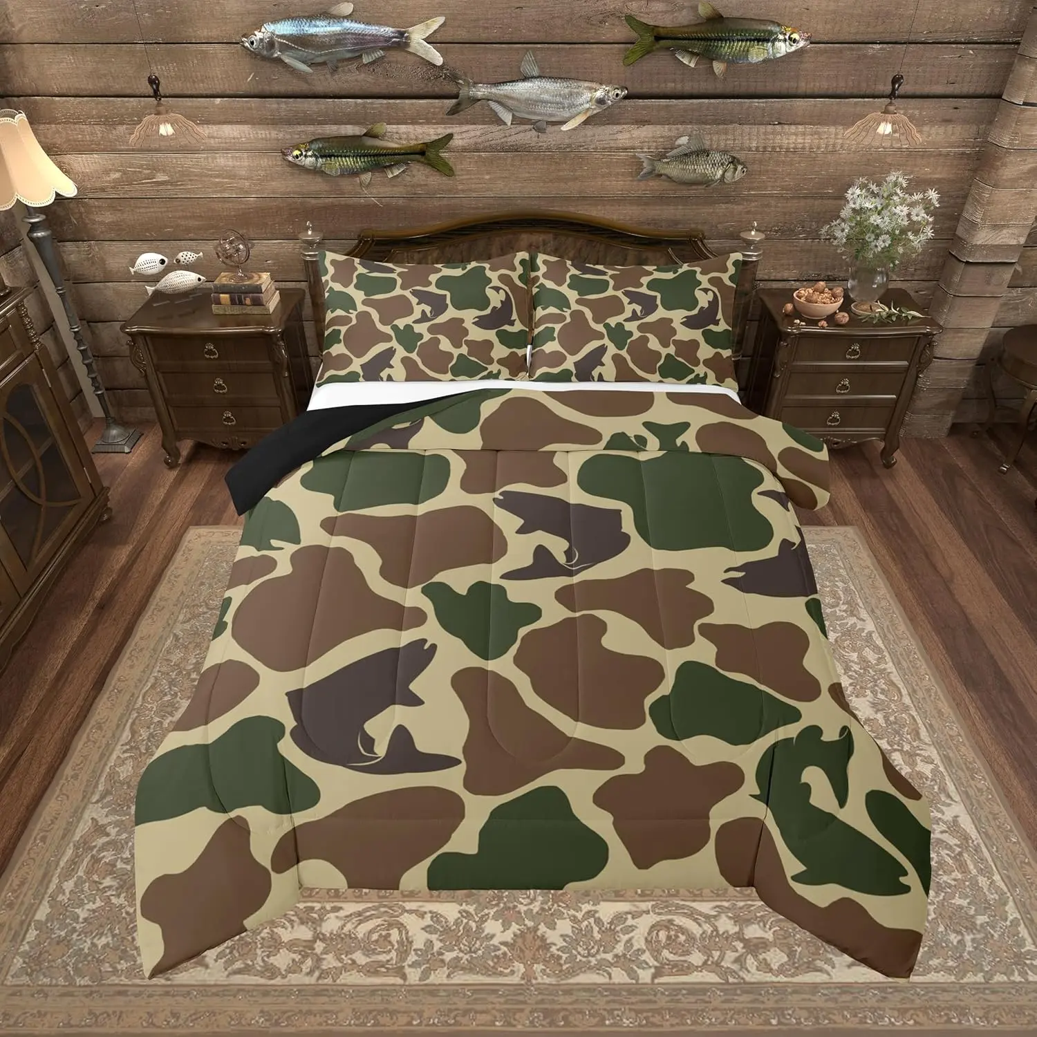 Feelyou Camo Army Bass Fishing Bedding Set - Comfy, Breathable, Decorative Bedroom Bedding Set with Brown Green Quilt, Wild Animal & Farmhouse Camouflage Design, Comfy Bedding Set
